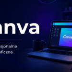 Kurs Canva Online – baner przedstawiający interfejs Canva na laptopie oraz narzędzia do projektowania grafik, prezentacji, materiałów marketingowych i treści do mediów społecznościowych.