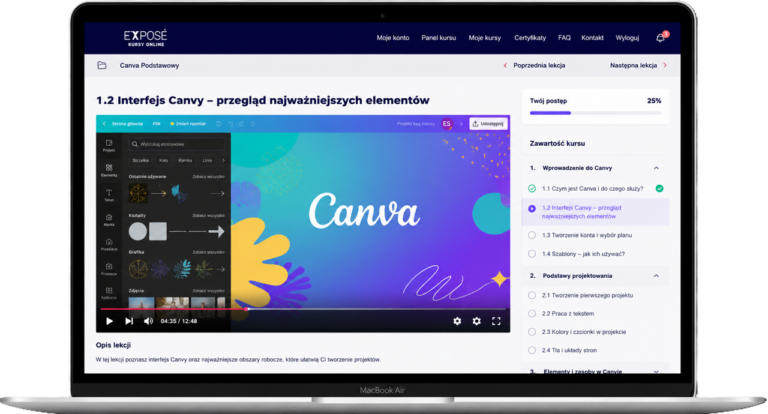 Kurs Canva Online – baner przedstawiający przykładową lekcję w kursie Canva online