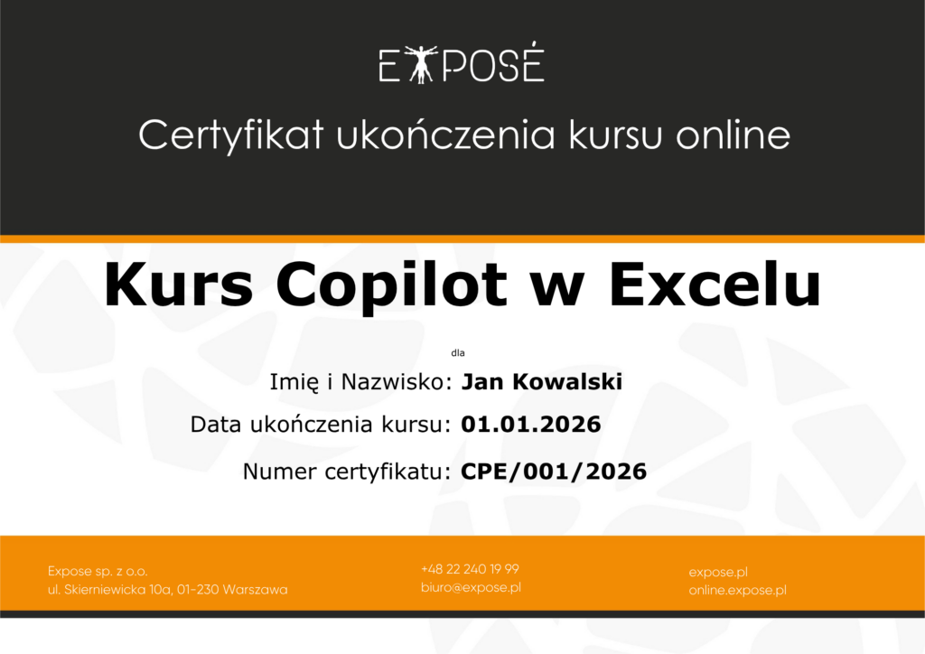 Kurs Copilot w Excelu - certyfikat